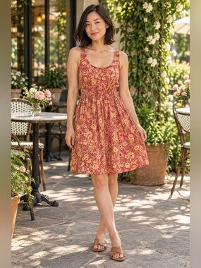Land of the Free XS Pink Floral Smocked Waist Fit & Flare Mini Dress